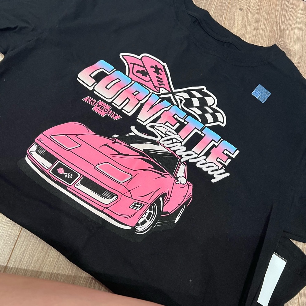 Hybrid Apparel Black Tee with Pink Corvette Graphic